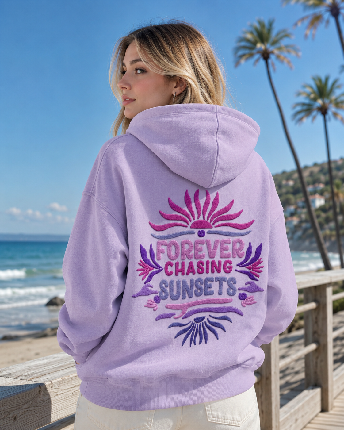 FOREVER CHASING SUNSETS SURF PURPLE BO HOODIE - S / LILAC - Hoodie