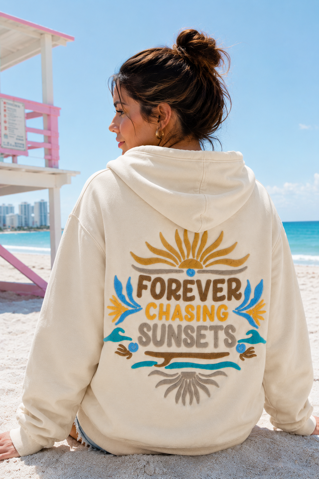 FOREVER CHASING SUNSETS SURF TAN BO HOODIE - S / Beige - Hoodie