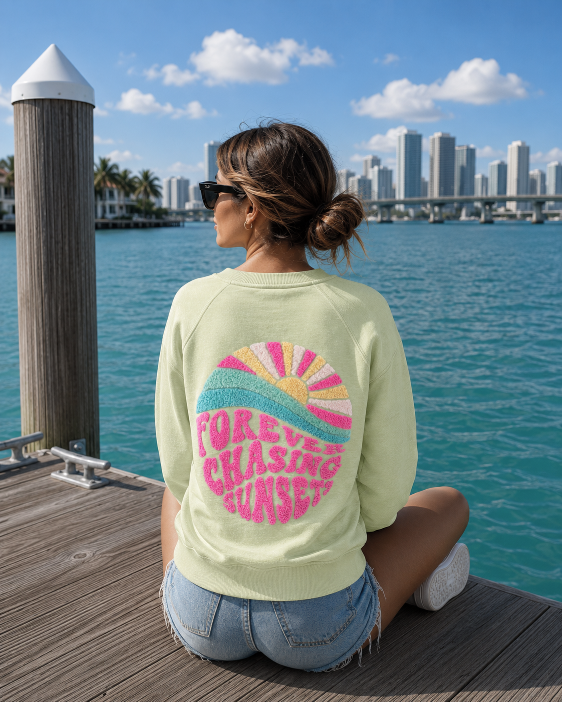 FOREVER CHASING SUNSETS FUZZY NEON PINK CREW - S / SOFT APPLE - Creewneck