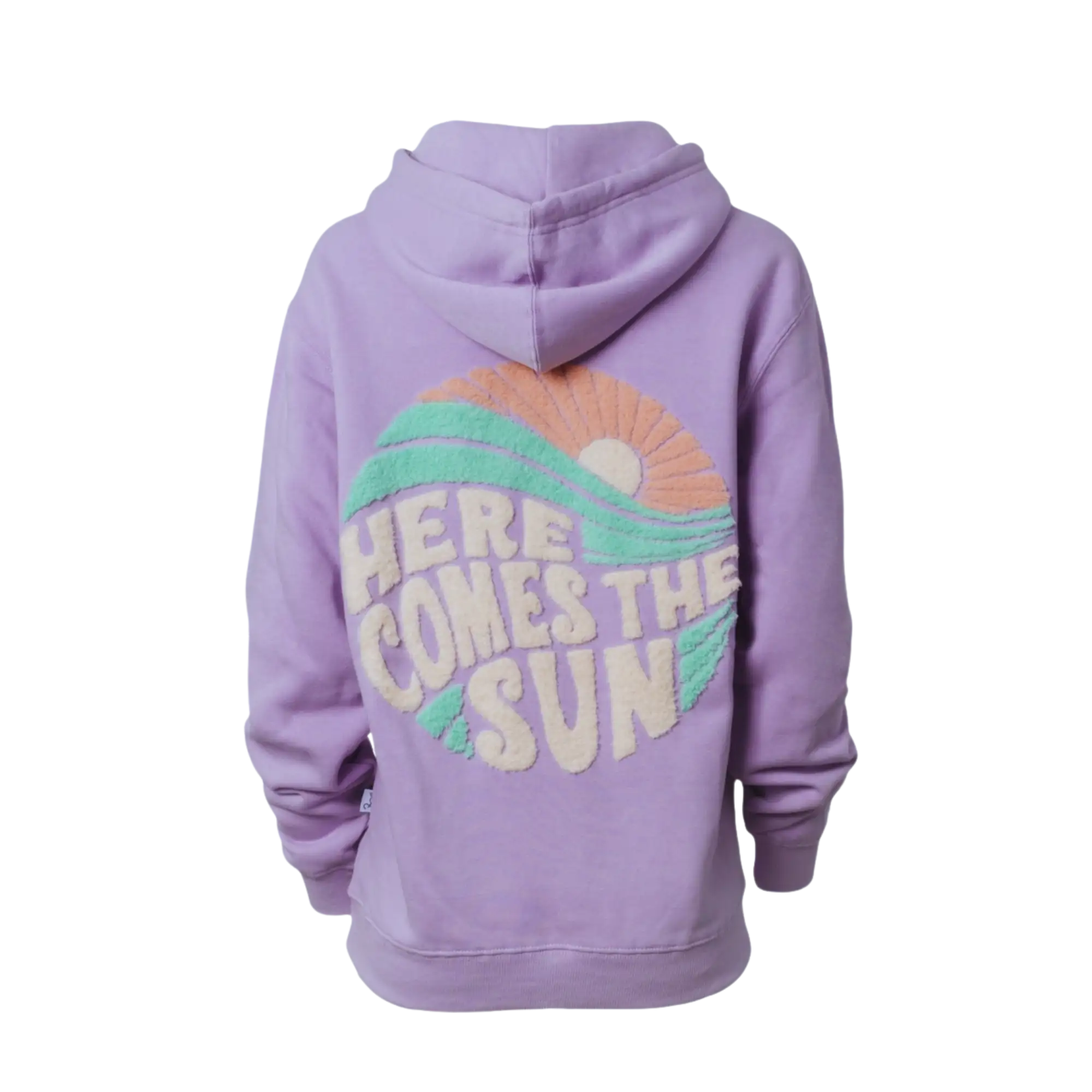 A lavender hoodie featuring a colorful ’here comes the sun’ graphic with a sun rising over waves in orange, teal, and white.