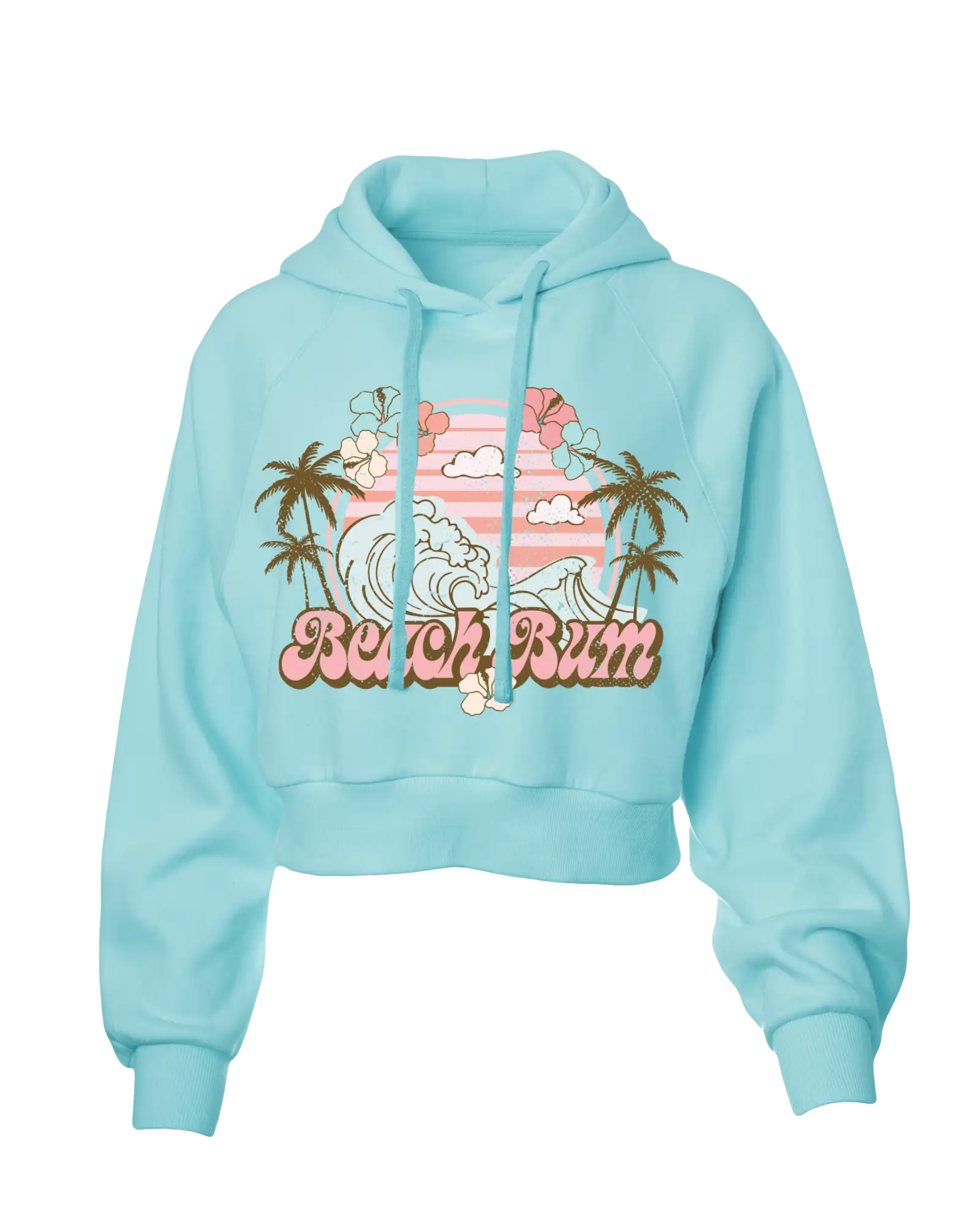 A light blue cropped hoodie featuring a vibrant tropical graphic with palm trees, flowers, and waves under the text ’beach rum’ in pink cursive lettering.