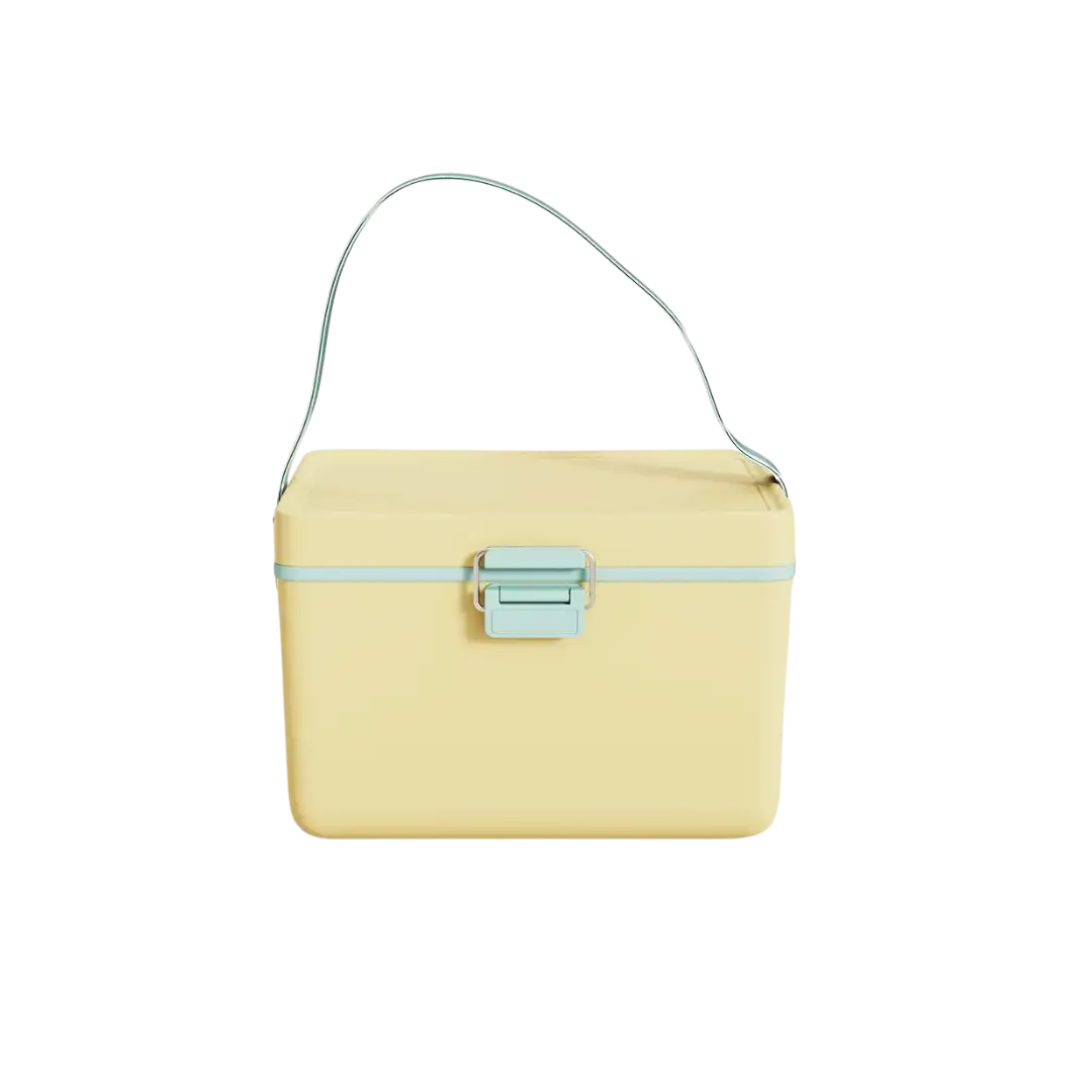 A pale yellow rectangular cosmetic case with a light blue handle and matching latch.