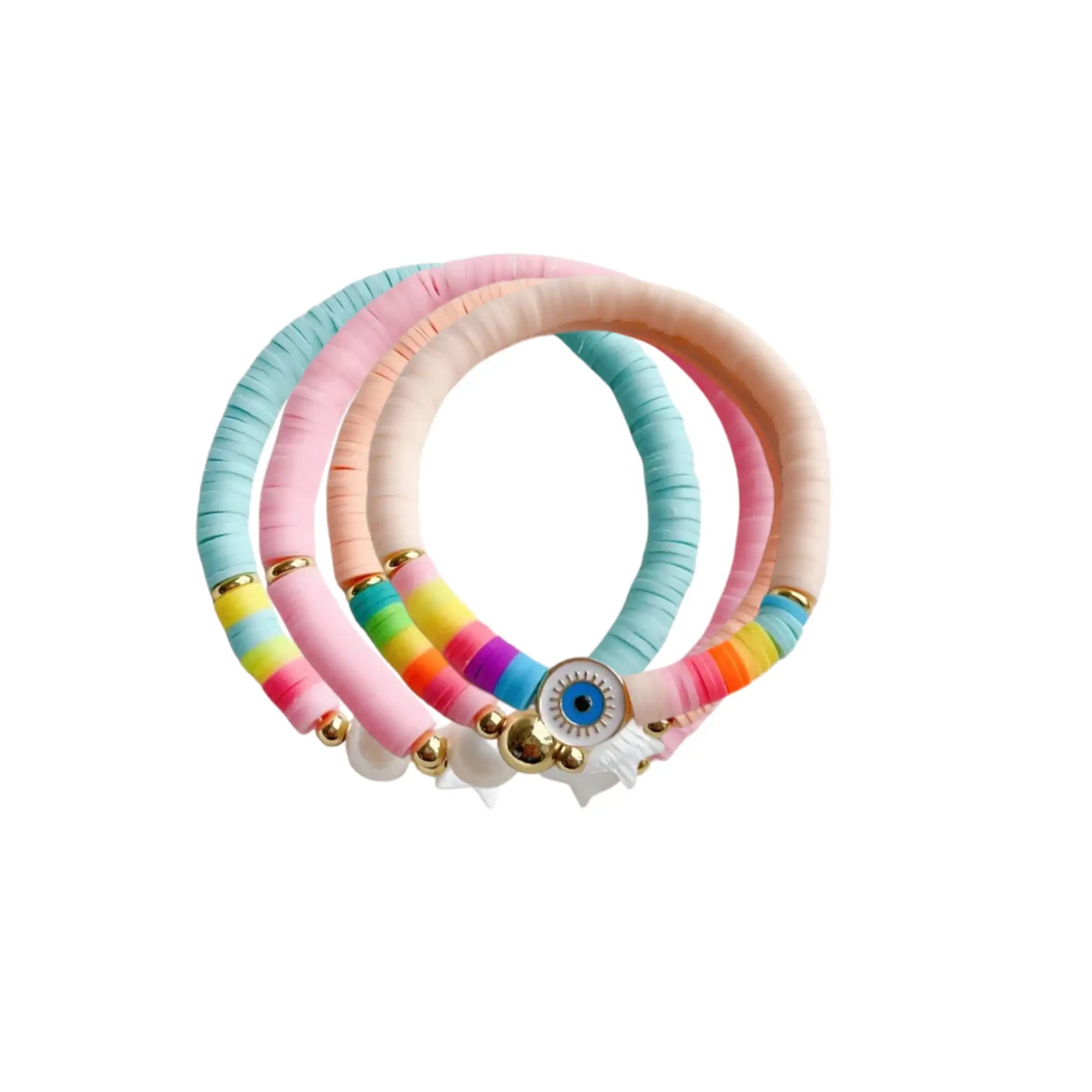 Pastel-colored clay bead stretch bracelets with rainbow accents and a central blue eye charm.