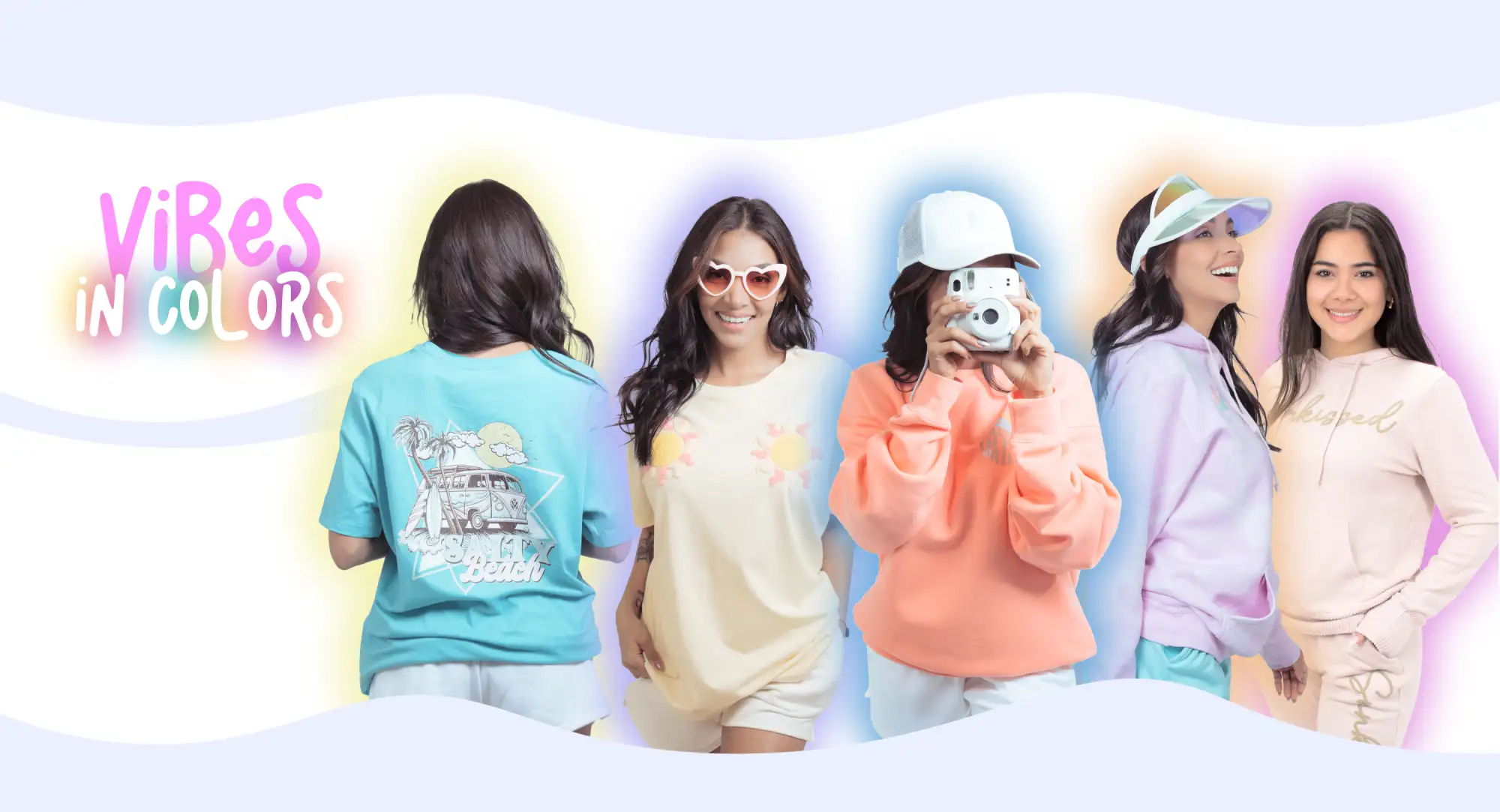 Pastel-colored graphic tees with beach-themed prints and soft, casual fits