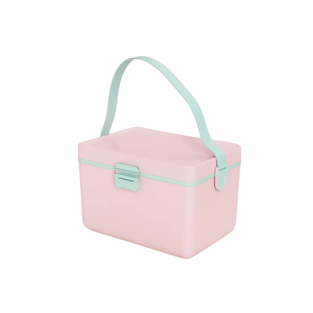 Pastel pink rectangular cosmetic case with a mint green handle and matching clasp.