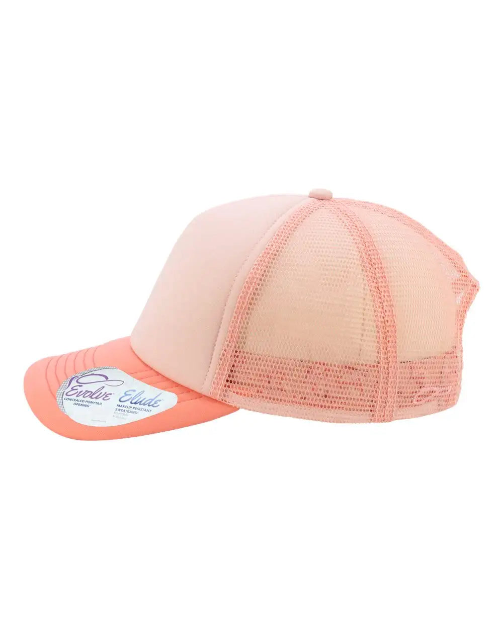 A peach-colored trucker hat with a mesh back and solid front panels, featuring an orange brim.