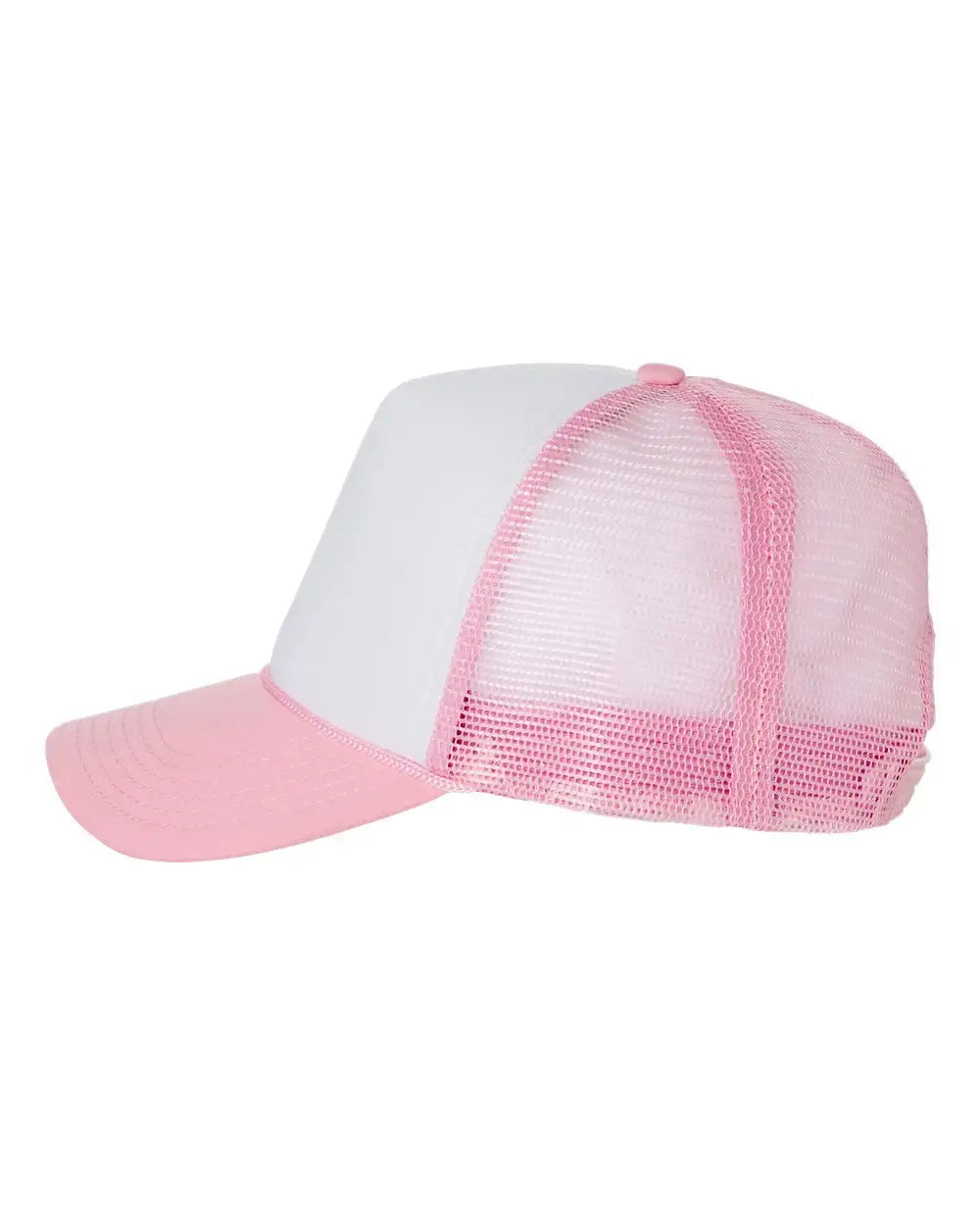 Pink and white trucker hat with a mesh back panel.