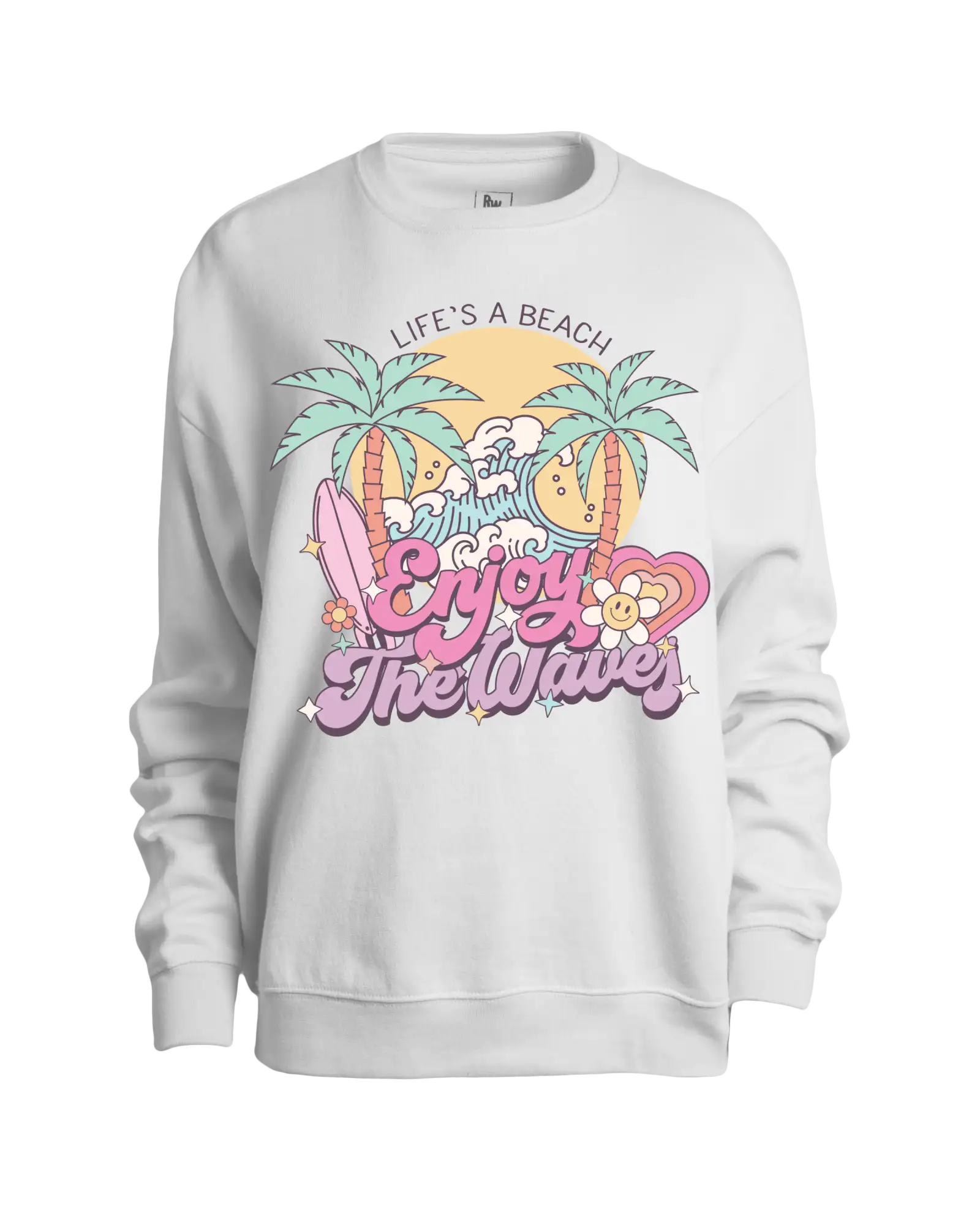 White crewneck sweatshirt featuring a colorful tropical graphic with palm trees, waves, and the phrase ’enjoy the wave’ in pink cursive lettering.